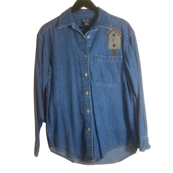Eddie Bauer Tops - Vintage Eddie Bauer Denim Shirt Women's Small Birdhouse Embroidered Long Sleeve